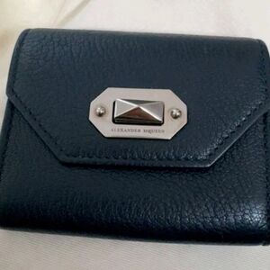 Alexander McQueen Navy Leather Card Holder Wallet with Silver Accent
